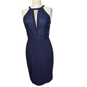 NW Nightway Blue Sequins Crewneck Sheer Sleeveless Back Zip Dress 6